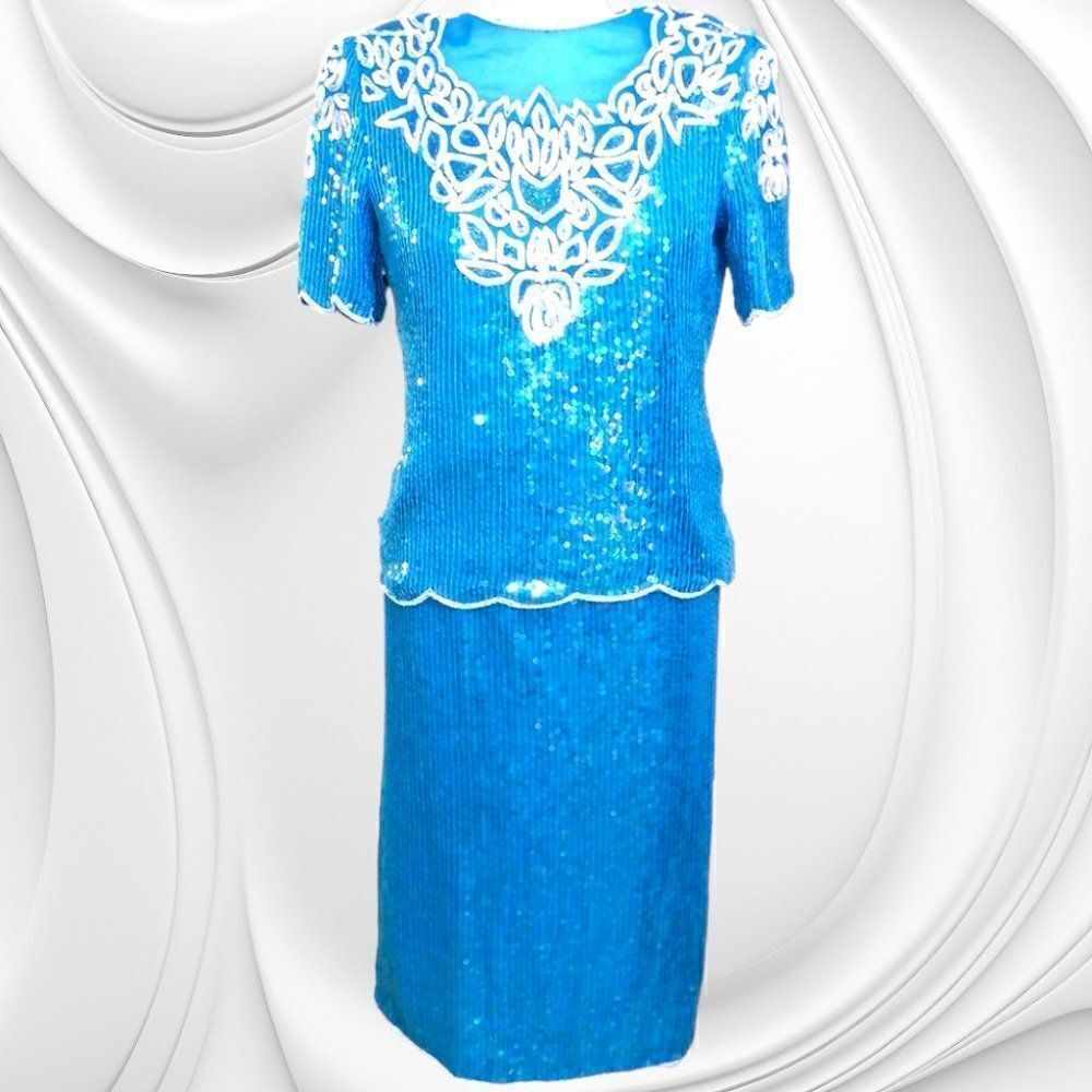 Swiss blue sequins wedding mother-in-law skirt set